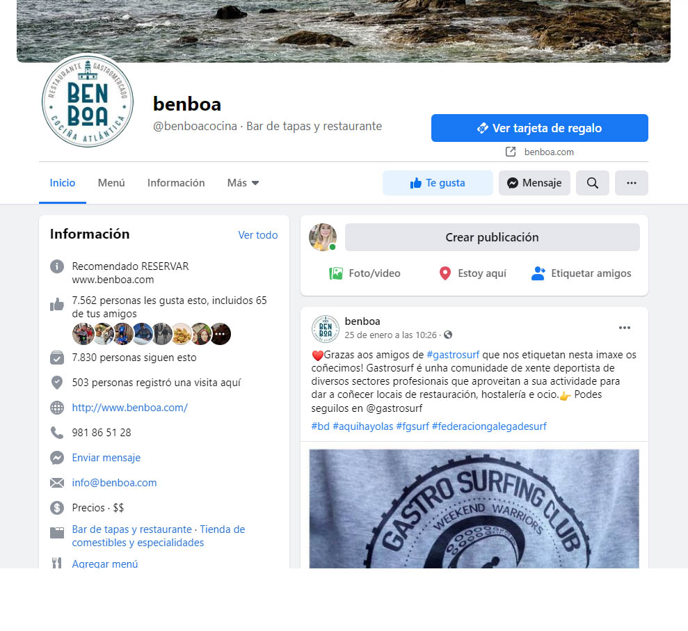 Facebook e instagram Restaurante Benboa desde abril 2019